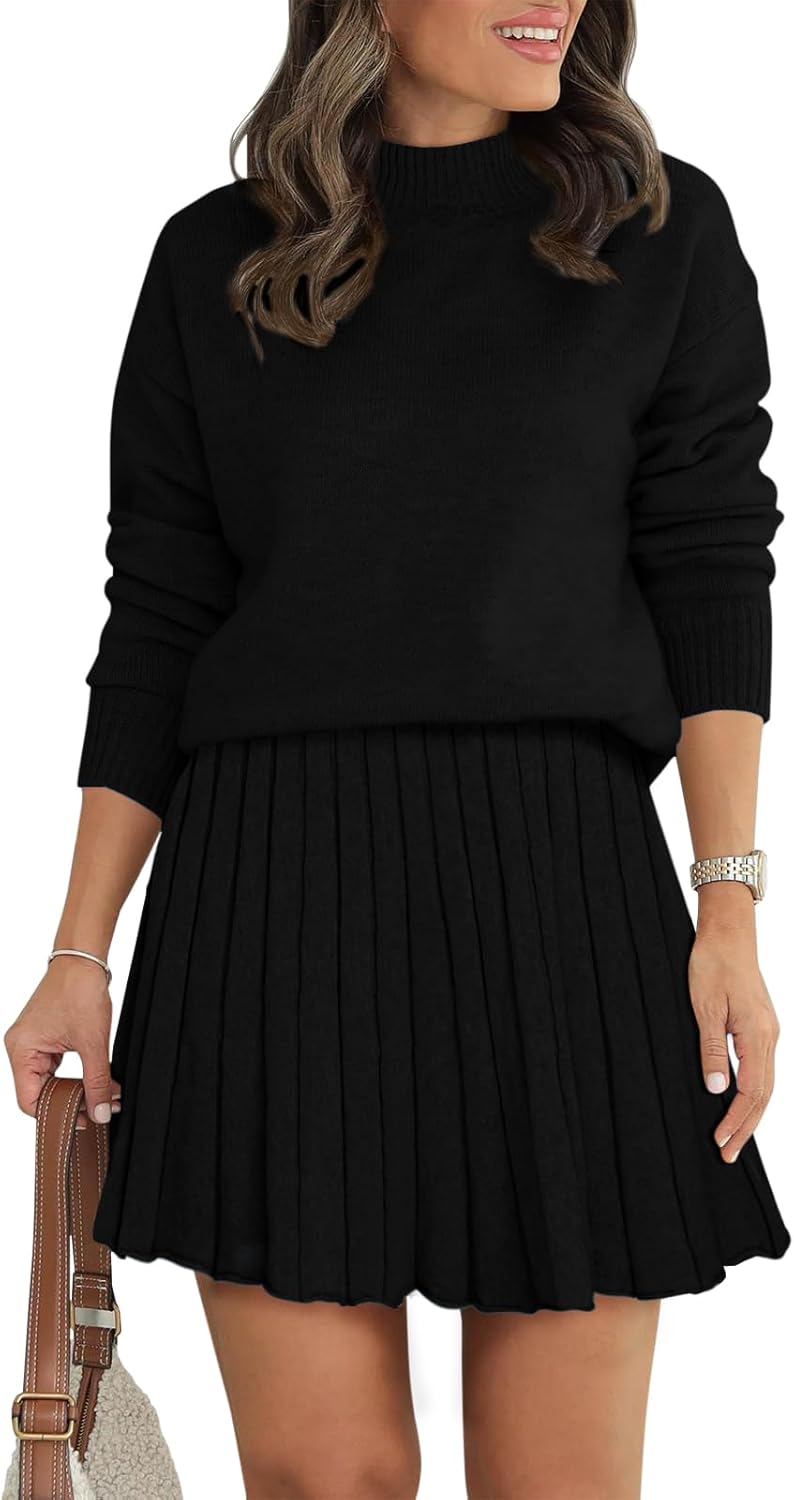 Women's Two Piece Outfits Turtleneck Long Sleeve Ribbed Knit Tops Pleated Mini Skirt 2025 Casual Sweater Sets