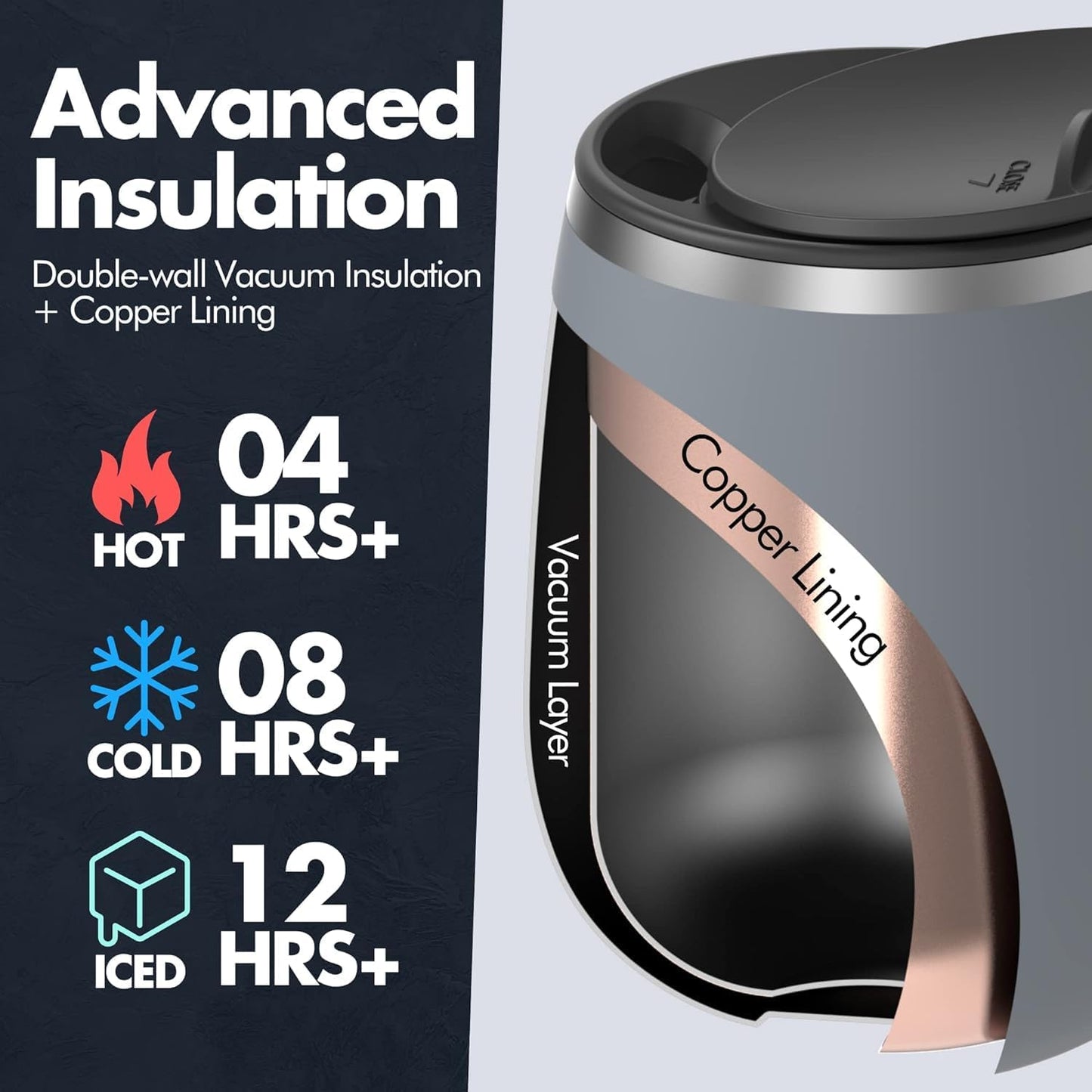 GRANDTIES Insulated Coffee Mug with Handle–Sliding Lid for Splash-Proof 16oz Wine-Glass Shape Thermal Tumbler with Double Walled Vacuum Stainless Steel to Keeps Beverages Hot or Cold-Cognac Metallic