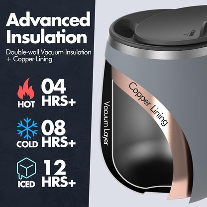 GRANDTIES Insulated Coffee Mug with Handle–Sliding Lid for Splash-Proof 16oz Wine-Glass Shape Thermal Tumbler with Double Walled Vacuum Stainless Steel to Keeps Beverages Hot or Cold-Cognac Metallic