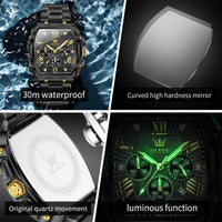 OLEVS Watches Men Chronograph Waterproof Rectangle Face Moon Phase Stainless Steel Strap Dress Watches for Men Luminous Quartz Calendar Mens Wrist Watch