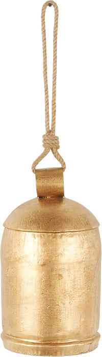 Deco 79 Gold Metal Tibetan Inspired Decorative Giant XL Cow Bells with Jute Hanging Rope, Set of 3 10",8",6"H - Cylindrical