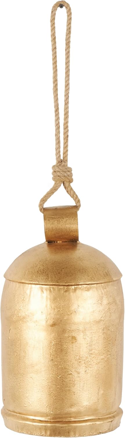 Deco 79 Gold Metal Tibetan Inspired Decorative Giant XL Cow Bells with Jute Hanging Rope, Set of 3 10",8",6"H - Cylindrical