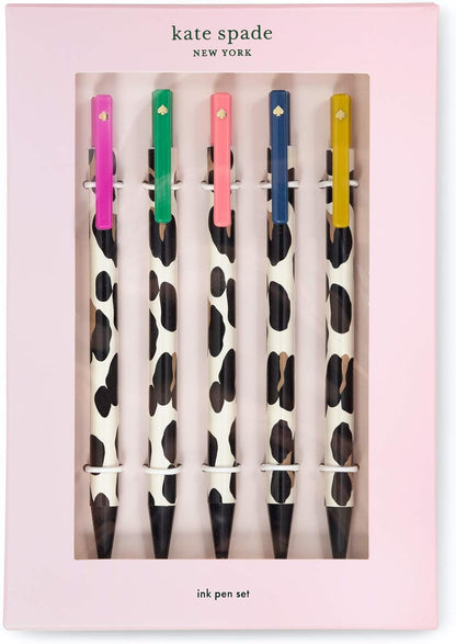 Kate Spade New York Black Ink Pen Set of 5, Cute Plastic Click Pens, Dots and Stripes