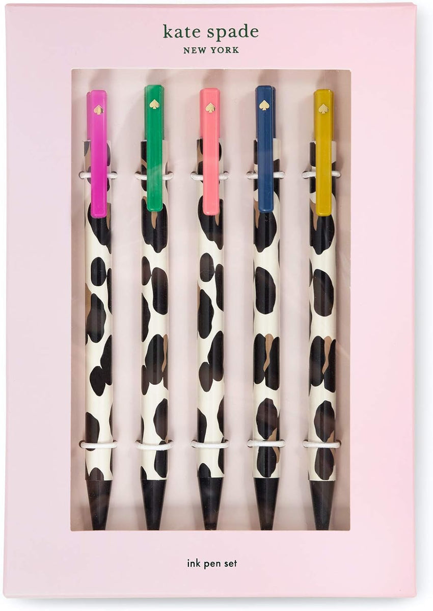 Kate Spade New York Black Ink Pen Set of 5, Cute Plastic Click Pens, Dots and Stripes