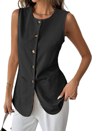 Mina Self 2025 Womens Summer Long Linen Vest Tops Sleeveless Lightweight Single Breasted Trendy Casual Work Jacket Pockets
