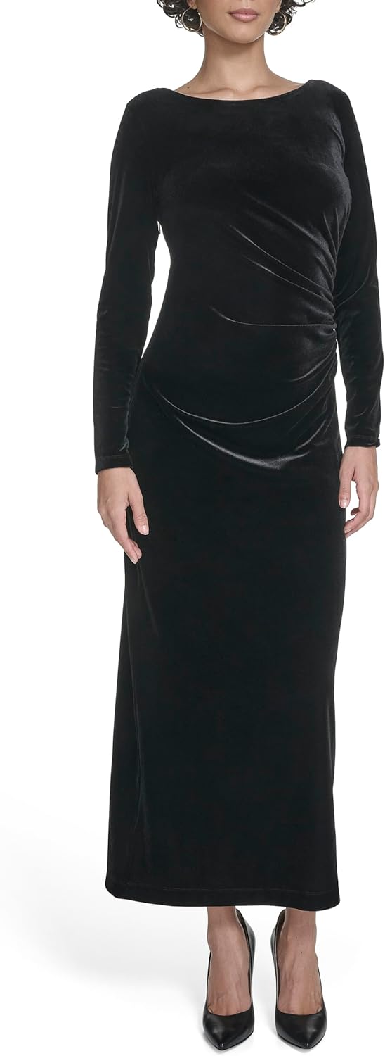 Calvin Klein Womens Long Sleeve Round Neck Velvet Straight Maxi Dress