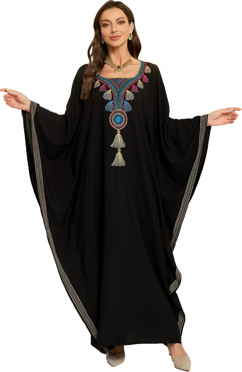 RanRui Women's Embroidered Kaftan Dresses Beach Blouse Cotton Gold Embroidery Holiday Robe Plus Size Caftans Kaftan Dress