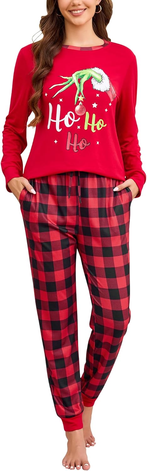 difficort Womens Christmas Pajamas Long Sleeve Pj Set Soft Plaid Pants Sleepwear with Pockets