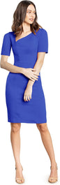 Dress the Population Womens Ruth Short Puff Sleeves Asymmetrical Neckline Bodycon Midi Dress