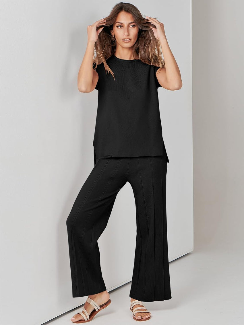 ANRABESS Women 2 Piece Lounge Sets Summer Casual Knit Sweater Vest Pant Set Beach Vacation Airport Clothes 2025 Fall Outfits