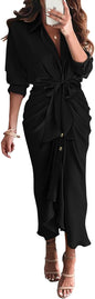 BTFBM Summer Dresses for Women 2025 Long Sleeve Lapel V Neck Button Down Elegant Belted Ruched Satin Shirt Fall Dress