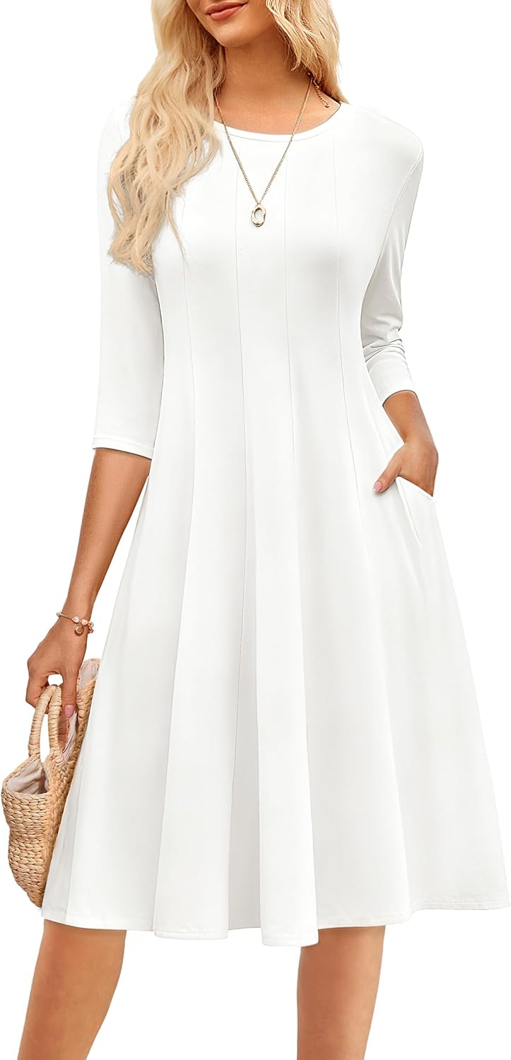 GRACE KARIN Fall Dresses for Women 2025 Casual 3/4 Sleeve Dress A Line Fit and Flare Midi Dress with Pockets