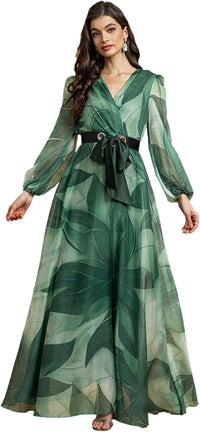 Summer Casual Dresses for Women 2024 Spring Fashion Boho V Neck Long Sleeve Ruffle Floral Print Elegant Maxi Dress