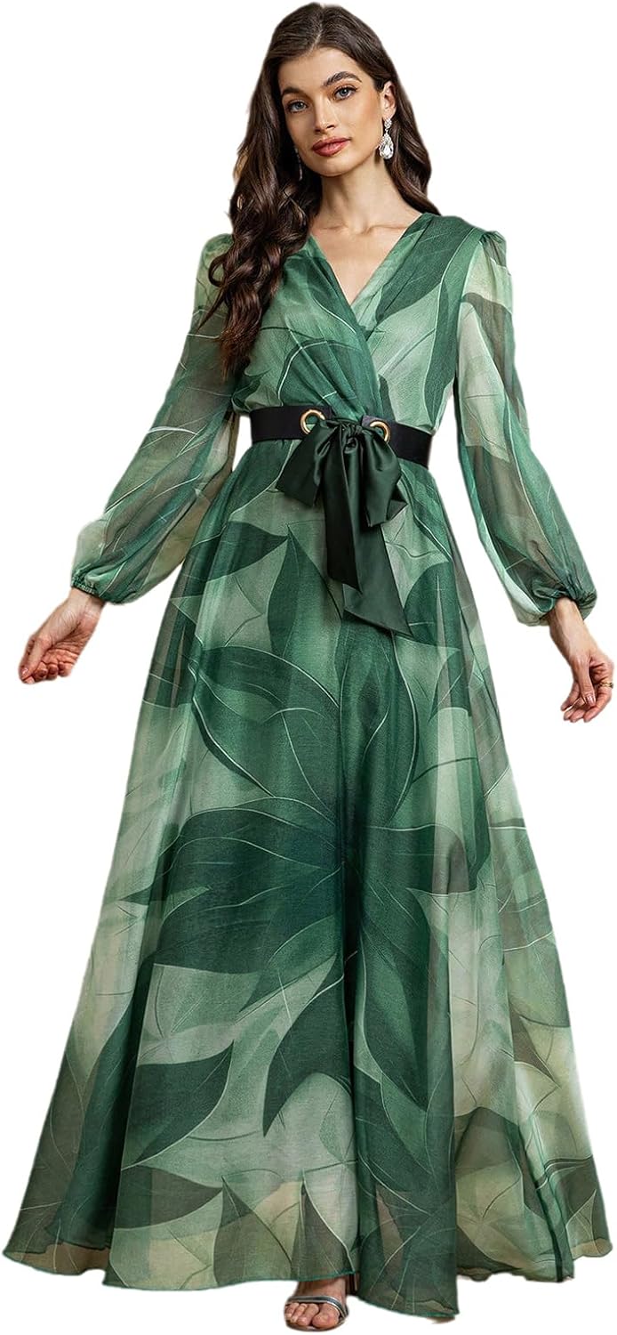 Summer Casual Dresses for Women 2024 Spring Fashion Boho V Neck Long Sleeve Ruffle Floral Print Elegant Maxi Dress