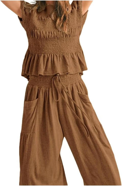 Summer Pants Set Women 2 Piece Lounge Matching Set Casual Outfit with Pockets for Travel Shopping Boho Chic Outfit