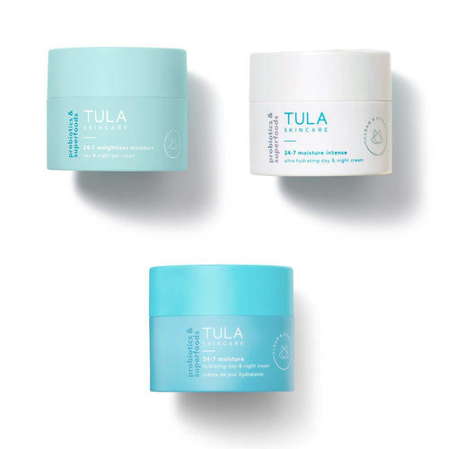 TULA Skin Care 24-7 Moisture Minis - Hydrating Day & Night Cream Moisturizer Travel Trio, Includes 0.5 oz Original, Moisture Intense & Weightless 24-7 Moisture Day & Night Cream, 3 Piece Set