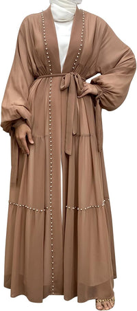 Abayas For Women Muslim Ramadan Long Sleeve Open Front Imitation Pearls Tiered Chiffon Dress Cardigan with Belt Dubai Kaftan