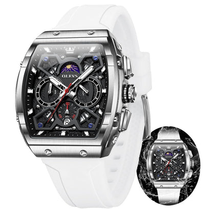 OLEVS Watches Men Chronograph Waterproof Rectangle Face Moon Phase Watches for Men Luminous Quartz Calendar Mens Wrist Watch - Silicon Strap