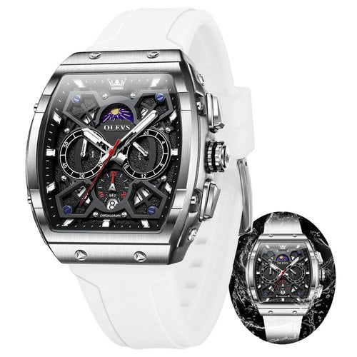 OLEVS Watches Men Chronograph Waterproof Rectangle Face Moon Phase Watches for Men Luminous Quartz Calendar Mens Wrist Watch - Silicon Strap