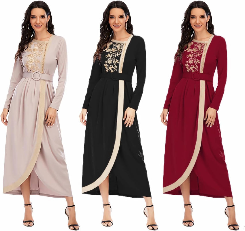 FPOVFPO Abaya Dress for Women - Muslim One-Piece Embroidery Islamic Full Length Kaftan Daily Casual Dress