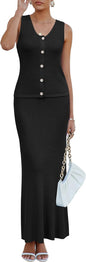 Arach&Cloz Women's Lightweight 2 Piece Sets Summer Vacation Button Top and Maxi Skirt Outfits 2025