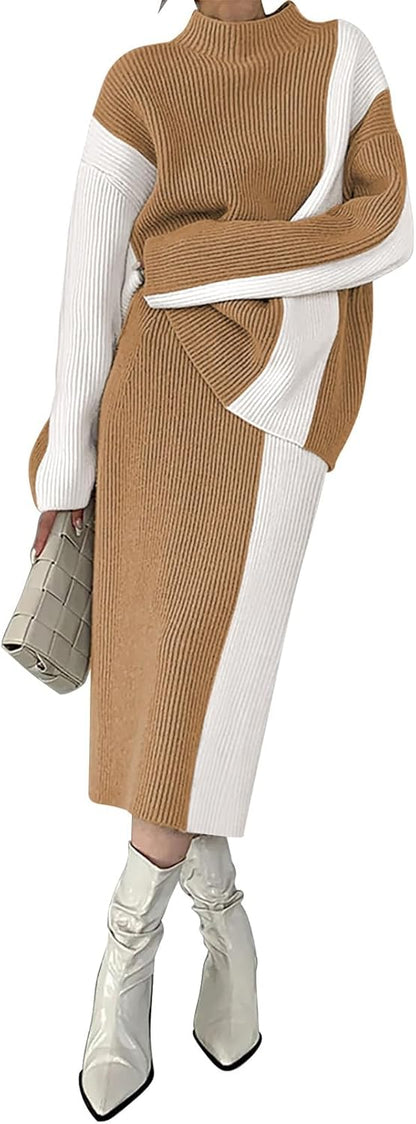 Pink Queen Women's 2 Piece Outfits 2025 Fall Winter Sweater Skirt Set Long Sleeve Oversized Top High Waist Color Block Dress