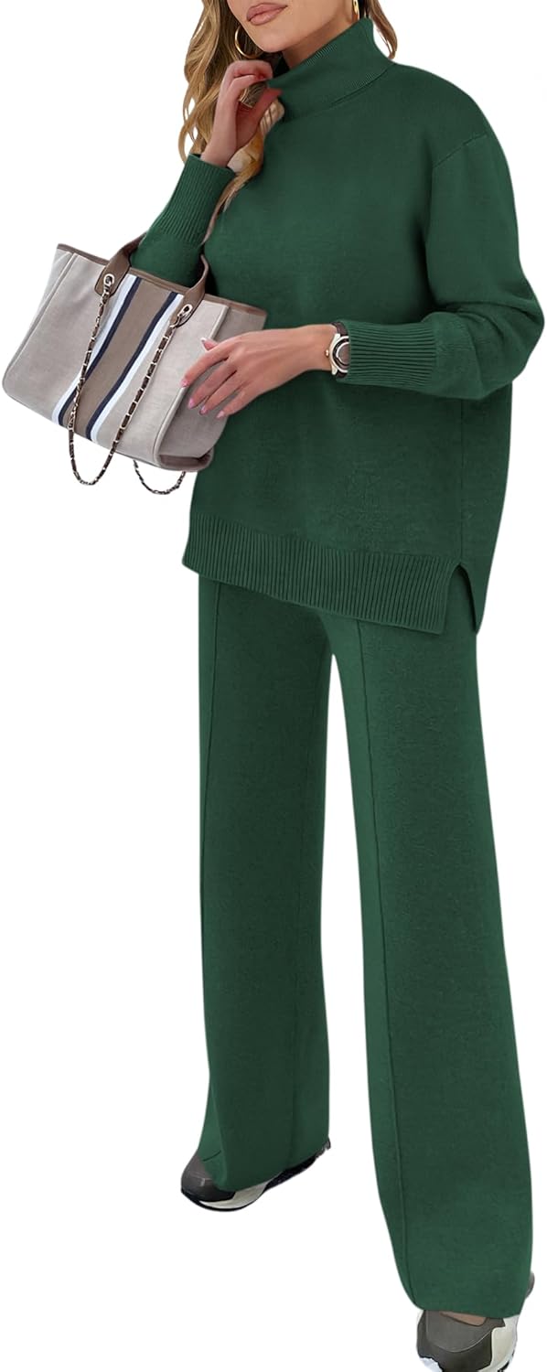 ANRABESS Womens 2 Piece Outfits Turtleneck Matching Lounge Set Sweater Top Wide Leg Pants Fall Cozy Knit Sweatsuit Loungewear