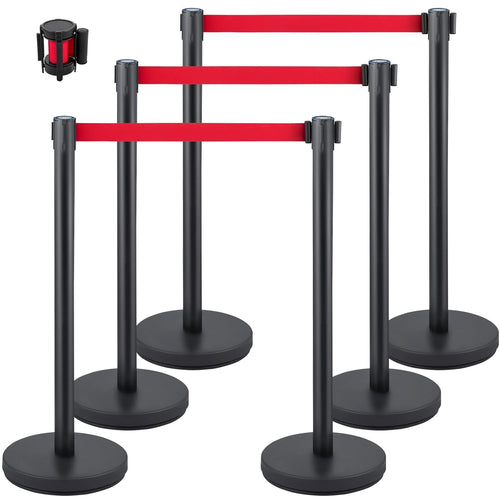 VEVOR Crowd Control Stanchion, Set of 6 Pieces Stanchion Set, Stanchion Set w/ 6.6 ft/2 m Red Retractable Belt, Crowd Control Barrier w/Rubber Base – Easy Connect Assembly for Crowd Control (Black)