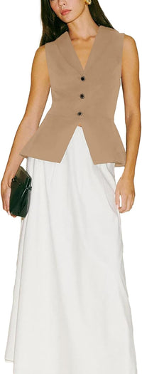 Mina Self Sleeveless Vest Blazer for Women 2024 Khaki Summer Lightweight Light Weight Fashion Dressy Casual Trendy Petite Fitted Work Office Professional Business Womens Blazers Vests Tops Jackets