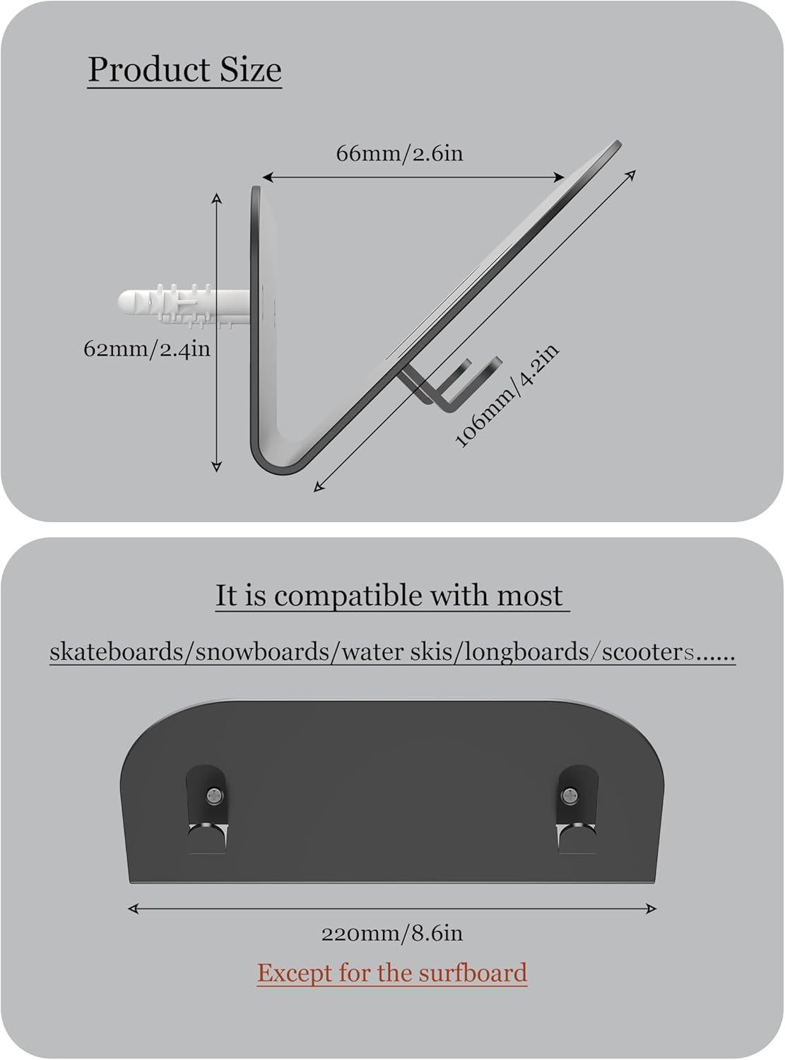 NOTMBESTM Wall Mount Holder for Skateboard/Snowboard/Longboard, Skate Deck Wall Mount Fit for Scooters/Skis Wall Hanger Display, Skateboard Shelf Rack 2.0mm Thick Metal Heavy-Duty with Hooks