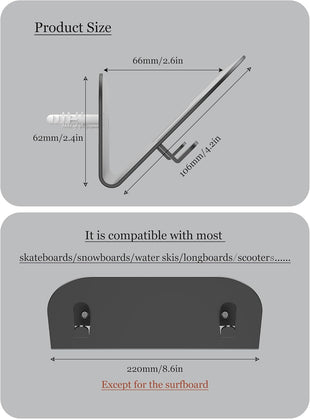 NOTMBESTM Wall Mount Holder for Skateboard/Snowboard/Longboard, Skate Deck Wall Mount Fit for Scooters/Skis Wall Hanger Display, Skateboard Shelf Rack 2.0mm Thick Metal Heavy-Duty with Hooks