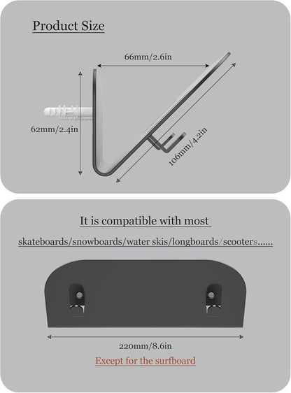 NOTMBESTM Wall Mount Holder for Skateboard/Snowboard/Longboard, Skate Deck Wall Mount Fit for Scooters/Skis Wall Hanger Display, Skateboard Shelf Rack 2.0mm Thick Metal Heavy-Duty with Hooks