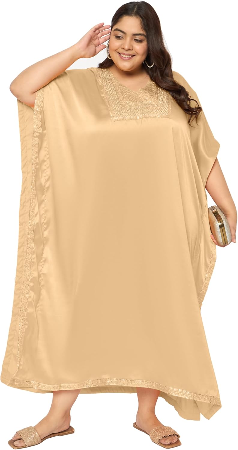 Gypsie Blu Women’s Plus Size Satin Sequin Kaftan Dress with Kimono Sleeves Casual Resort Wear Stylish Loose Fit Evening Dress
