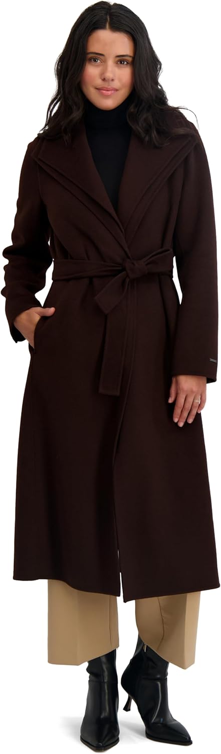 TAHARI Women's Slim Fit Double-Faced Wool Blend Wrap Coat with Tie Belt – Longline Silhouette, Chocolate, Large