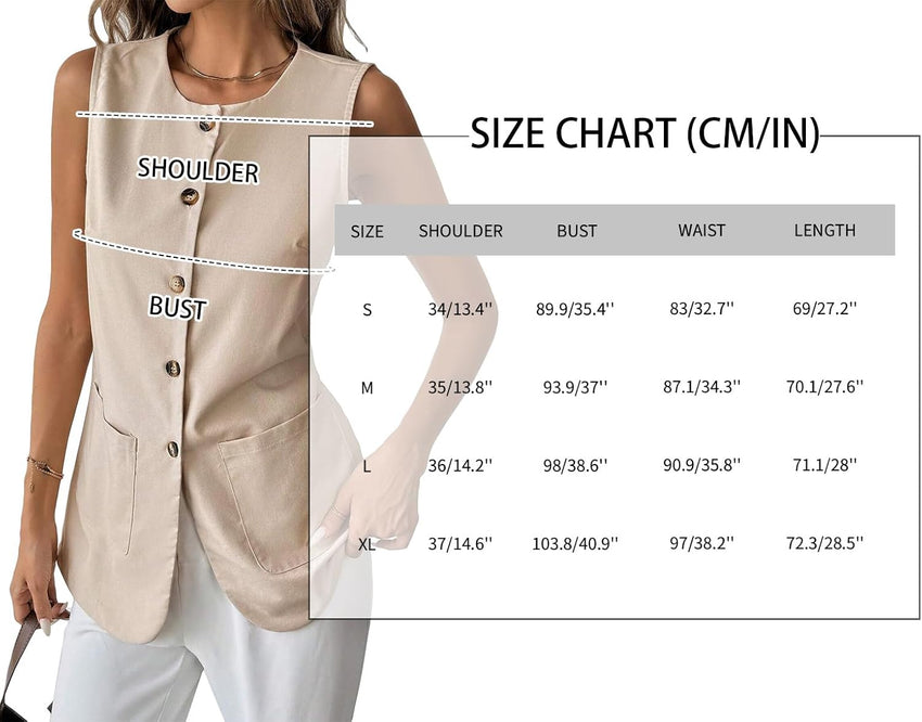 Mina Self 2025 Womens Summer Long Linen Vest Tops Sleeveless Lightweight Single Breasted Trendy Casual Work Jacket Pockets