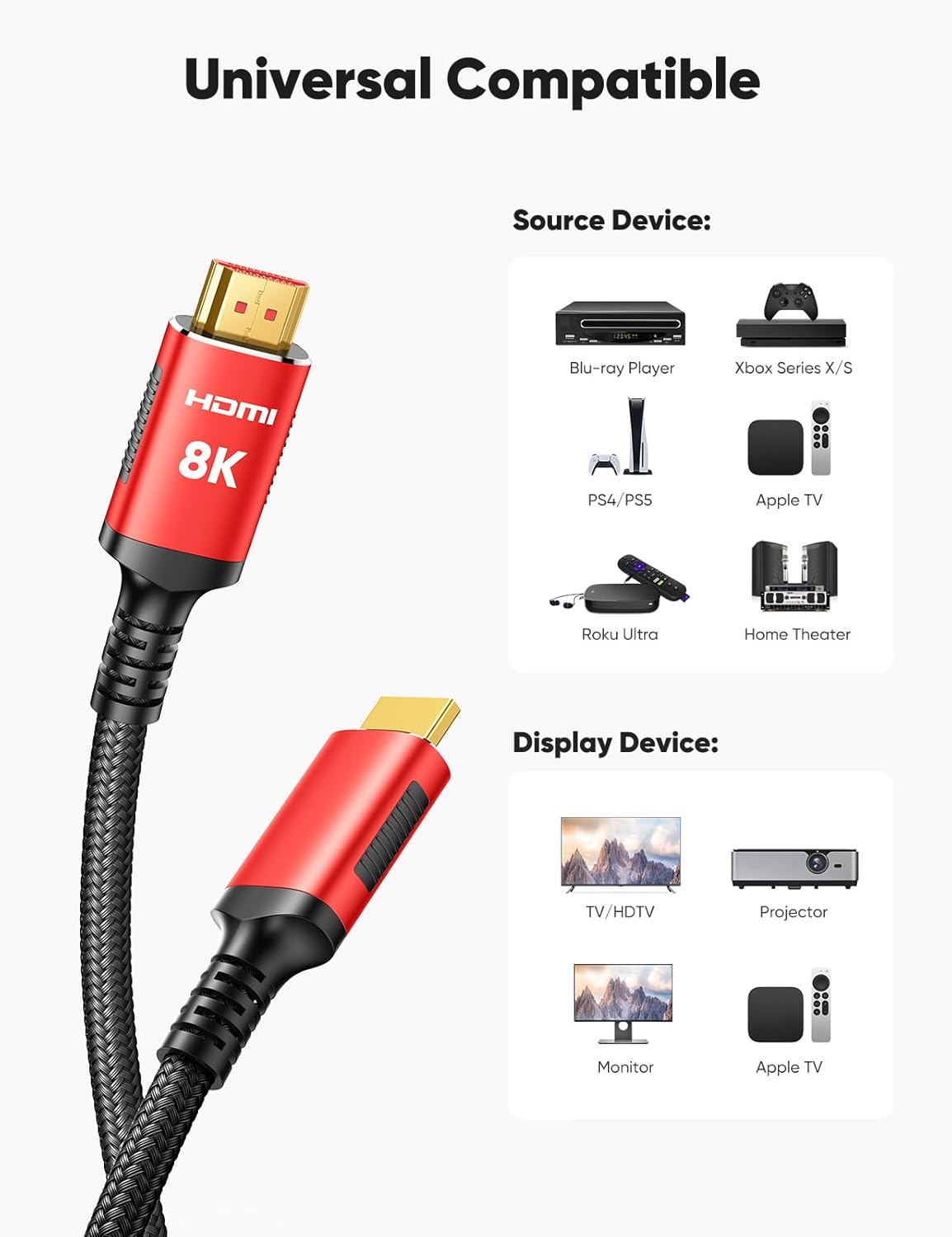 Snowkids 8K HDMI Cable 3.3FT/1M 2-Pack, Ultra High Speed 48Gbps HDMI Braided Nylon 2.1 Cord-4K120 144Hz 8K60Hz RTX 3090 eARC HDR10 4:4:4 HDCP 2.2&2.3 QMS VRR,Compatible for PS-5, PS-4, UHD TV and PC