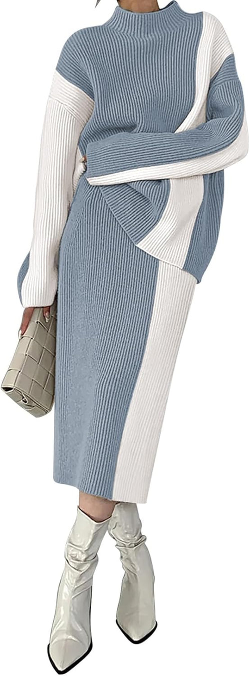 Pink Queen Women's 2 Piece Outfits 2025 Fall Winter Sweater Skirt Set Long Sleeve Oversized Top High Waist Color Block Dress