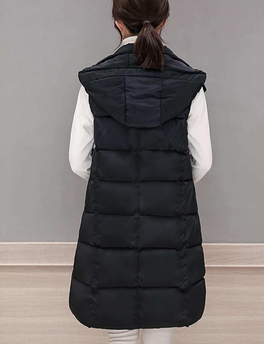 Tanming Women's Long Puffer Vest Casual Sleeveless Puffy Jacket with Removable Hood