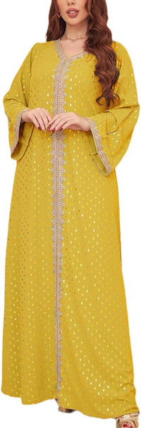 FPOVFPO Women's Muslim Abaya One-Piece V Neck Bronzing Dress Islamic Full Length Kaftan Daily Casual