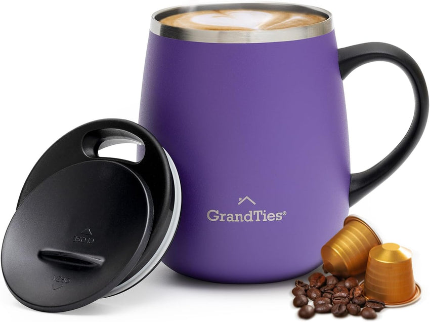 GRANDTIES Insulated Coffee Mug with Handle–Sliding Lid for Splash-Proof 16oz Wine-Glass Shape Thermal Tumbler with Double Walled Vacuum Stainless Steel to Keeps Beverages Hot or Cold-Cognac Metallic