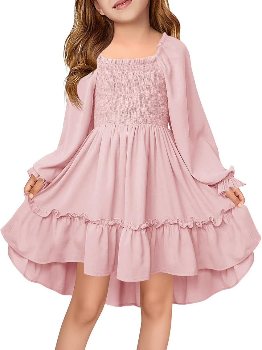 Haloumoning Girls Lantern Long Sleeve Dresses Kids Square Neck High Low Hem Smocked Fall Dress 5-14 Years