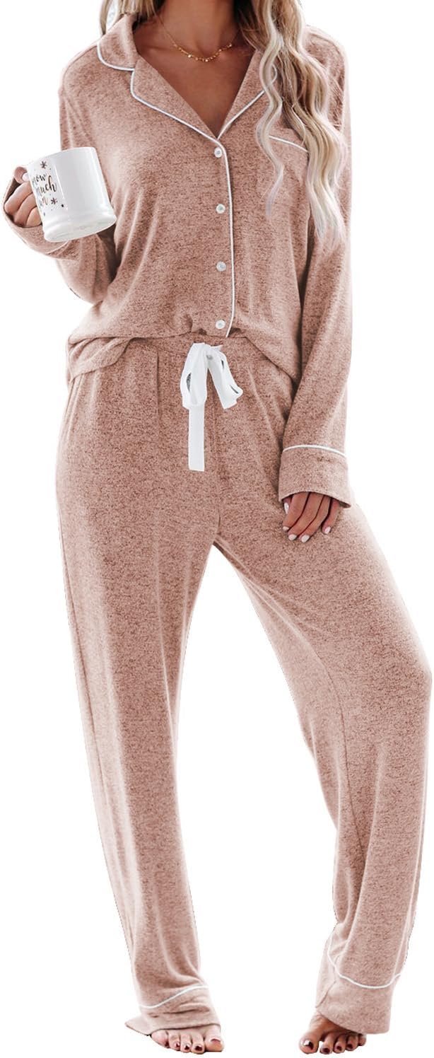 Aamikast Women's Pajama Sets Long Sleeve Button Down Sleepwear Nightwear Soft Pjs Lounge Sets