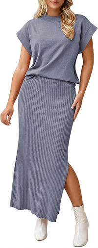 Pink Queen Women's 2 Piece Sweater Outfits Set Summer Cap Sleeve Tops Bodycon Maxi Long Skirt Knit Dresses