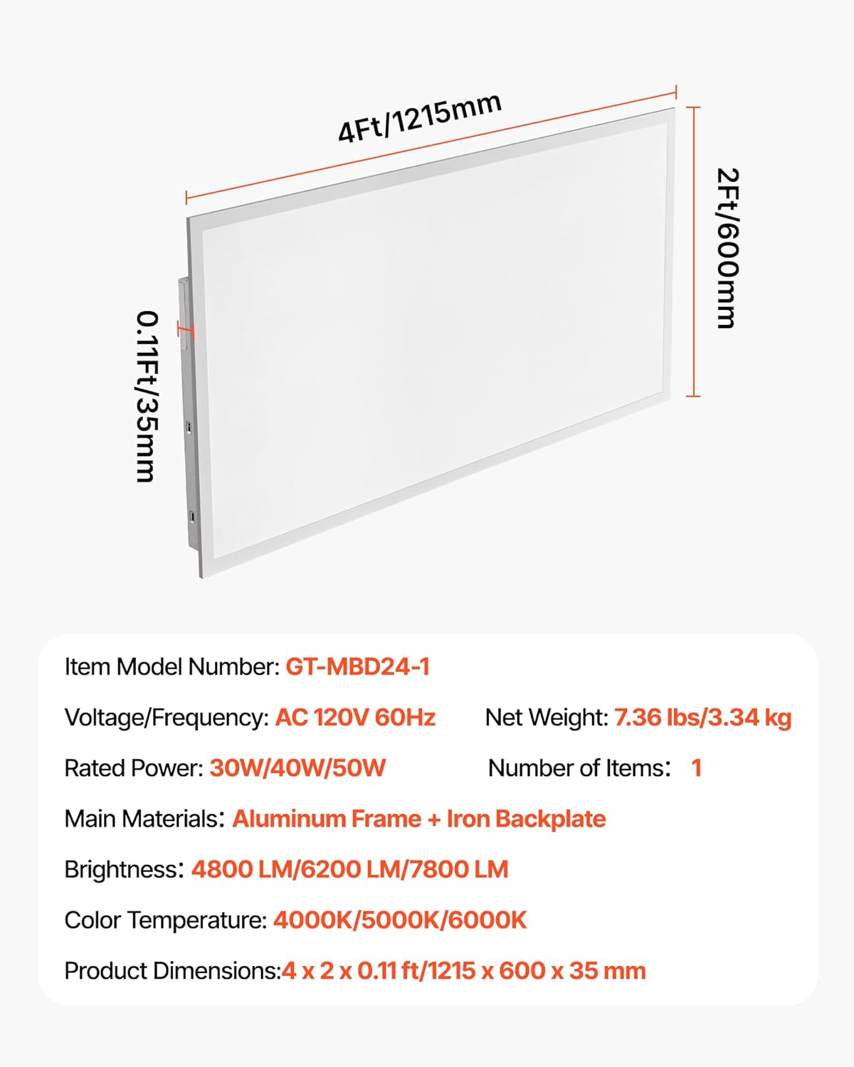 VEVOR 2x4 FT LED Flat Panel Light, 7800 LM, Flush Mount LED Drop Ceiling Lighting Fixture with 3 Color Selectable 4000K/5000K/6000K, 30W/40W/50W, 0-10V Dimmable, Ultra Slim for Home Office Kitchen