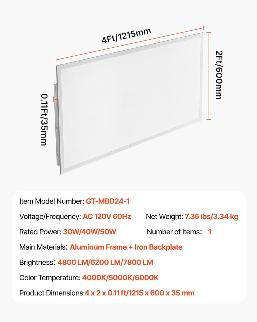 VEVOR 2x4 FT LED Flat Panel Light, 7800 LM, Flush Mount LED Drop Ceiling Lighting Fixture with 3 Color Selectable 4000K/5000K/6000K, 30W/40W/50W, 0-10V Dimmable, Ultra Slim for Home Office Kitchen
