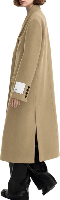 Mina Self Long Wool Coat Women 2025 Fall Winter Notch Lapel Double Breasted Full-Lined Business Casual with Pockets Pea Coats
