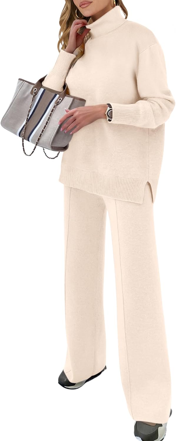 ANRABESS Womens 2 Piece Outfits Turtleneck Matching Lounge Set Sweater Top Wide Leg Pants Fall Cozy Knit Sweatsuit Loungewear