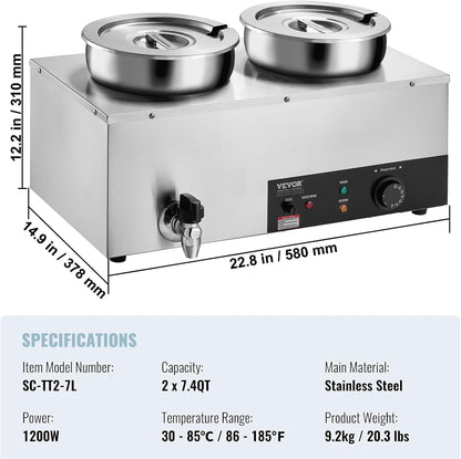 VEVOR Electric Soup Warmer, Dual 7.4QT Stainless Steel Round Pot 86~185°F Adjustable Temp, 1200W Commercial Bain Marie with Anti-Dry Burn and Reset Button, Soup Station for Restaurant, Buffet, Silver