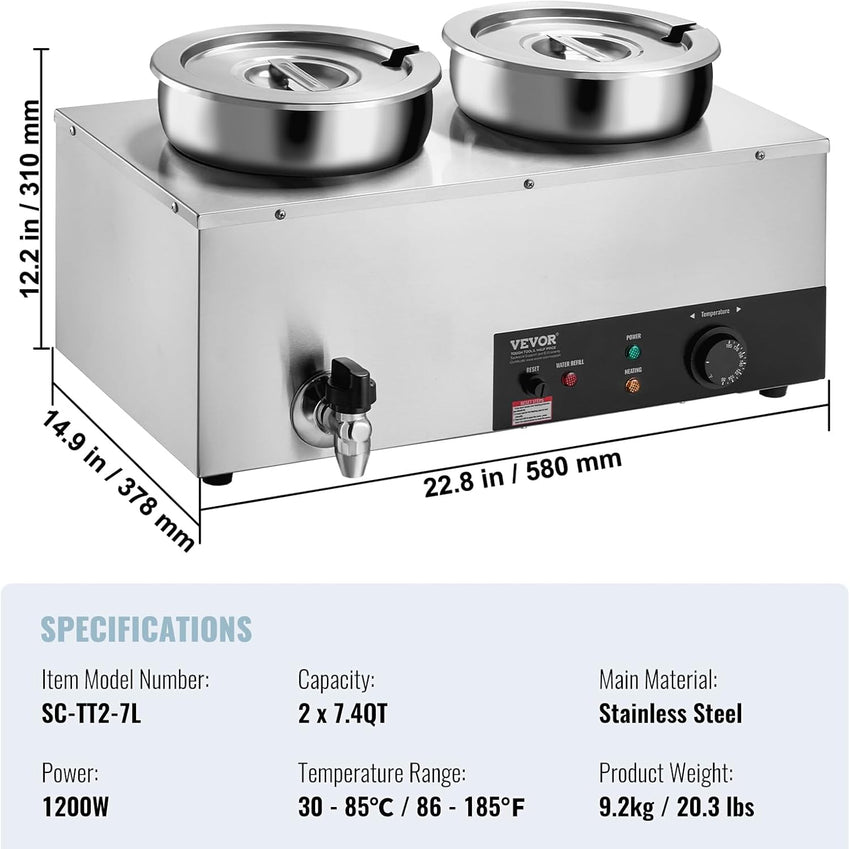 VEVOR Electric Soup Warmer, Dual 7.4QT Stainless Steel Round Pot 86~185°F Adjustable Temp, 1200W Commercial Bain Marie with Anti-Dry Burn and Reset Button, Soup Station for Restaurant, Buffet, Silver