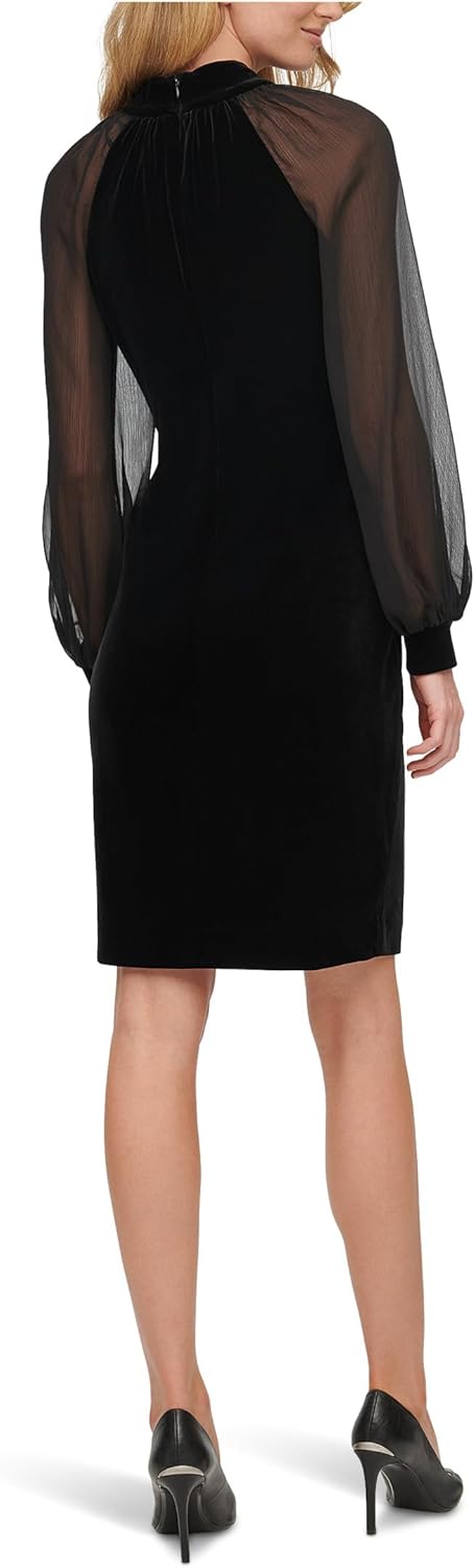 Calvin Klein Womens Velvet Sheath Dress with Illusion Sleeves